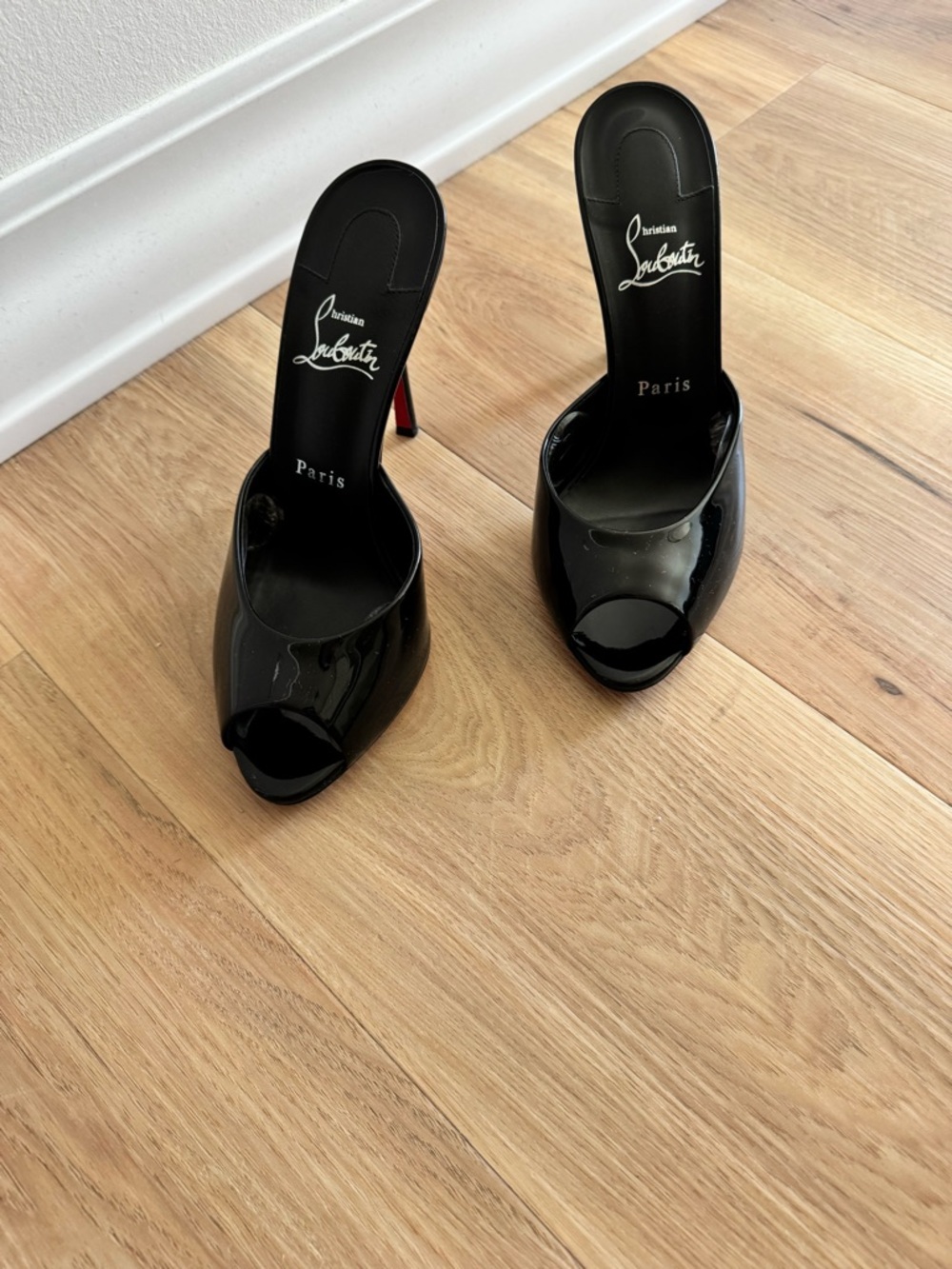 Christian Louboutin Black Patent Open-Toe Mule Heels with Red Soles